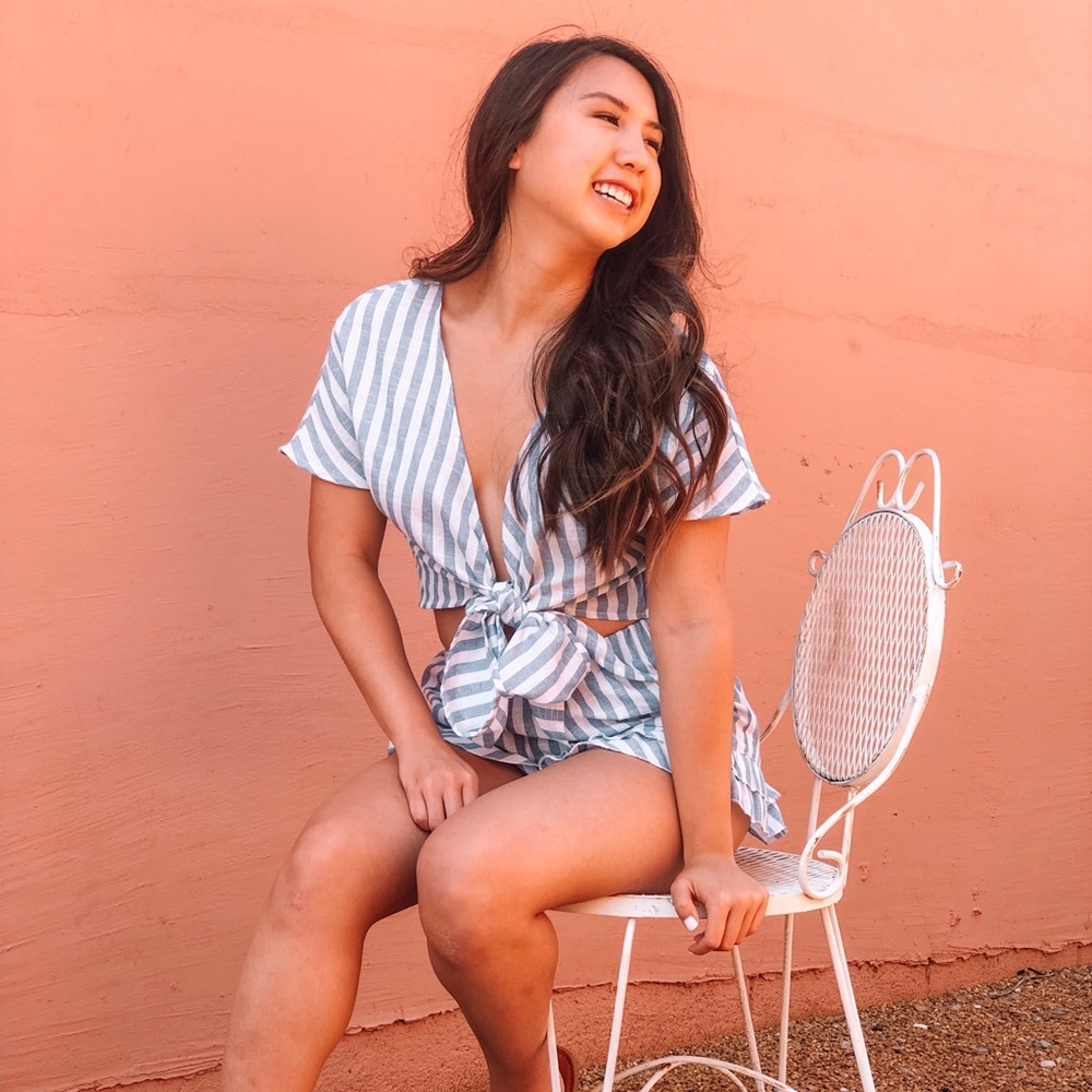 Shein Striped plunging bow top & ruffled shorts